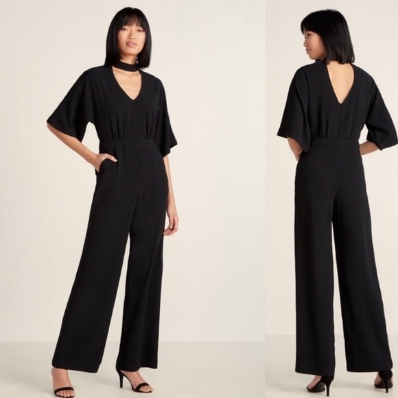 NWT Trina Turk Black Ambient Collar Crepe Wide Leg Romper Jumpsuit 6 - Picture 1 of 15